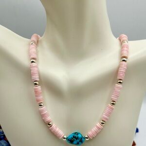 Pink Beaded Necklace with Turquoise Accent